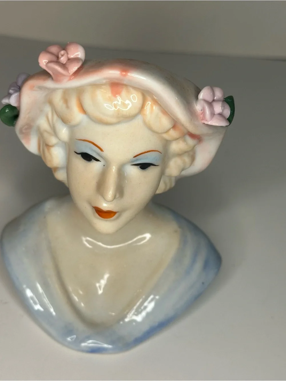 Vintage MCM Porcelain Glamour Girl Head Vase Pink Floral Hat Blue Dress 1950 NEW